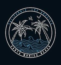 a logo for the san monica beach club with palm trees and waves in front of it