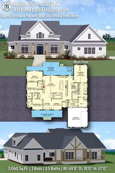 two story house plan with 3 beds and 2 baths in the front, an open floor plan