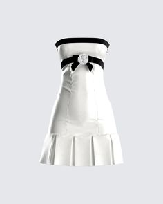 A classy look that is also sassy > 😍 Give everyone a reminder that you are top tier in this white strapless mini dress. Complete with a contrast trim, rosette trim, zipper at the side seam, and pleat details  🤍 Cute White Dresses For Party, Short White Glam Dress, Little White Dress Formal, Teen Mini Dress Party, Luxury White Dance Dresses, Luxury Elegant White Mini Dress, Luxury White Designer Dress, White Guess Dress, Luxury White Mini Dress For Party