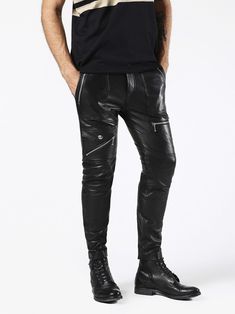 These slick biker pants are built from select nappa leather with a smooth, supple hand. Multiple metal zip pockets and D-rings amp the attitude. Punk Style Fitted Leather Bottoms, Fitted Leather Punk Bottoms, Fitted Punk Leather Bottoms, Punk Leather Pants For Biker Events, Punk Leather Pants With Belt Loops For Streetwear, Fitted Punk Leather Pants, Biker Leather Pants With Zipper Closure, Leather Biker Pants With Belt Loops, Fitted Leather Motorcycle Bottoms