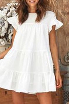 Details: Material: Blending Style: Sweet Pattern Type: Solid Element: Split Joint, Flounce Neckline: O Neck Silhouette: Cake Skirt Sleeve Style: Ruffle Sleeve Sleeve Length: Short Sleeve Dresses Length: Mini Fit Type: Loose Type: Solid Color Size(in) Bust Dresses Length Sleeve Length S 35.4 30.3 6.9 M 37.8 30.7 7.1 L 40.2 31.1 7.3 XL 42.5 31.5 7.5 2XL 44.9 31.9 7.7 Tips:Due to the many variations in monitors, the color in the image could look slightly different, please take physical design and c Silhouette Cake, Cake Skirt, Short Dress Styles, Stitching Dresses, Dress Weights, Casual Maternity, Sleeve Dresses, Asymmetrical Dress, Flared Sleeves