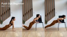 the woman is doing yoga exercises on her legs and knees while sitting in a chair