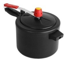 a black pot with a red lid and a knife sticking out of the top, on a white background