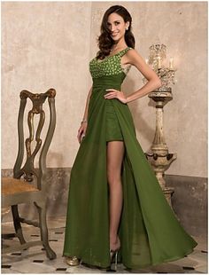 Extraordinary Sheath Scoop Floor-length Chiffon Beads Split Prom Dress Formal Evening Dresses Plus Size, Wedding Guests Dresses, Split Prom Dresses, Dark Green Dress, Gown Plus Size, Prom Dresses Gowns, Chiffon Evening Dresses, Beaded Chiffon, Evening Dresses Plus Size