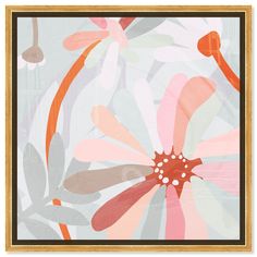 an abstract painting with pink, orange and grey flowers in a gold framed wood frame