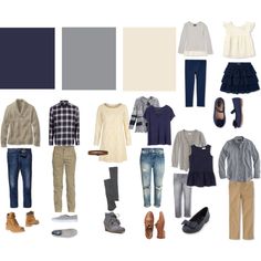 an assortment of clothing and shoes arranged on a white background, including jeans, sweaters, shirt, jacket, slippers