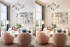 before and after shots of a living room with white couches, chandeliers, and large windows