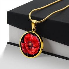 Unique Personalized Red Poppy Necklace!  Great idea as a August Birthday Gift For Her ➜ Add a touch of sophistication and individuality to your style with our Personalized Stainless Steel and 18k Yellow Gold Finish Poppy Flower Necklace. This stunning necklace combines sleek stainless steel with a luxurious 18k yellow gold finish to create a modern and eye-catching accessory that will make heads turn.  This Poppy Pendant Is the Perfect Keepsake! Whether for Yourself or a Loved One. ➜ Each necklace is meticulously crafted with high-quality stainless steel and shatterproof liquid glass coating, ensuring durability and a polished, contemporary look. The radiant 18k yellow gold finish adds a vibrant pop of color, making this necklace a true statement piece that reflects your unique personality Red Necklaces For Birthday And Mother's Day, Red Flower Pendant Jewelry For Mother's Day, Red Flower Pendant Necklace For Mother's Day, Red Necklace For Valentine's Day Birthday, Red Necklace For Birthday And Valentine's Day, Mother's Day Red Flower Pendant Necklace, Red Flower Pendant Necklace As Gift, Red Flower Necklace For Gift, Red Flower Charm Necklace For Gift