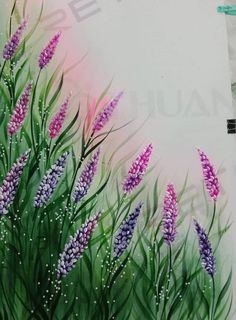 a painting of purple flowers and green leaves on a white background with watercolor pencils