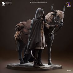 a figurine of two people standing next to a horse