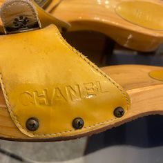 Chanel Slides Sandals Vintage Gold Patent Leather Some Chipping Around The Edges, As Well As A Rip Around One Nail. All Pictured Chanel Slides, Sandals Vintage, Shoes Chanel, Wooden Clogs, Slides Sandals, Chanel Shoes, Vintage Gold, Women's Shoes Sandals, Patent Leather