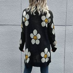 Daisy Smiley Face Button Down Longline Knit Cardigan This cozy upgraded classic cardigan is a timeless wardrobe stapleEffortless pairing with your favorite tops and jeans.Beautiful daisy flower print with a smiley face in the center.Gold color button front closure.Ribbed accent on hem and sleeve ends.Oversized longline length past the hip.Perfect lightweight sweater jacket for fall & winter shopping, at the office or out to dinner this will be your go to. Details: Color: Black, white, yellow Sle Flower Cardigan, Style Casual Chic, Longline Cardigan, Long Sleeve Knitted Cardigan, Picture Style, Knitted Flowers, Cardigan Long, Button Cardigan, Printed Cardigan