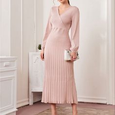 Brand New Never Worn Elegant Non-stretch Knit Dress, Winter Pink V-neck Midi Dress, Feminine V-neck Winter Dress, Spring V-neck Non-stretch Sweater Dress, Pink Long Sleeve Ribbed Dress, Pink Ribbed Long Sleeve Dress, Pink Knit V-neck Dress, Long Sleeve Ribbed Pink Dress, Pink V-neck Winter Midi Dress