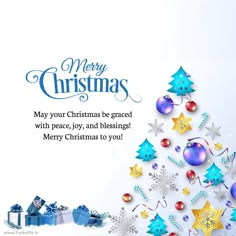 a merry christmas card with a tree and presents on the bottom right hand corner, surrounded by snowflakes and baubs