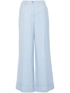 light blue slub texture pressed crease belt loops two diagonal pockets to the sides two rear welt pockets turn-up cuffs flared design front button and zip fastening Cotton Linen Trousers, Versace Designer, Bell Bottom Pants, Linen Trousers, Straight Leg Trousers, Shirt Skirt, Lace Boots, Swimwear Tops, Lace Up Shoes