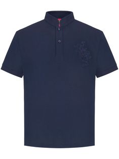 navy blue cotton jersey texture embroidered motif stand-up collar front button placket short sleeves straight hem Blue Polo Collar Top With Placket, Navy Fitted Polo Shirt, Blue Polo Shirt With Collar And Placket, Blue Polo Shirt With Collar Placket, Blue Polo Shirt With Collar, Fitted Blue Polo Shirt With Placket, Fitted Blue Polo Shirt, Navy Top With Johnny Collar And Placket, Navy Cotton Polo Shirt With Placket