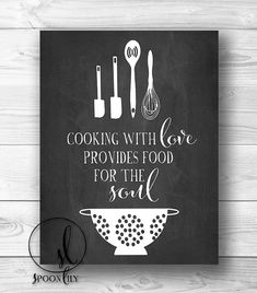 a black and white poster with the words in spanish, cooking utensils on it