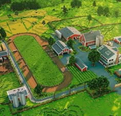 an artist's rendering of a large farm with lots of green grass and trees