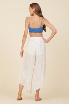 The White Clipped Metallic Ruffle Pants feature: Elastic waistband Ruffle details Shorts liner Vintage Swim, Festival Shop, Instagram White, Ruffle Pants, Vintage Havana, Swimwear Cover Ups, Dress Cover, Swimwear Cover, Jet Set