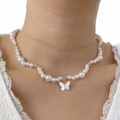 "✦ Funky, yet elegant, white faux pearl necklace with a small butterfly charm!  ✦ Note: Handle with care to avoid breaking the hand bent loops. ✦ Total Length: 16\" + 2\" extender  ✦ New & handmade ✦ Made with silver plated copper wire  ✦ Lobster clasp closure ✦ More jewelry on my shop; message for customs!" Wire Pearl Necklace, Butterfly Bead Necklace, Pearl Jewelry With Butterfly Charm As Gift, Pearl Jewelry With Butterfly Charm For Gift, White Butterfly Necklace For Wedding, Pearl Butterfly Charm Jewelry, Pearl Jewelry With Butterfly Charm, White Beaded Butterfly-shaped Jewelry, White Beaded Butterfly Shaped Jewelry