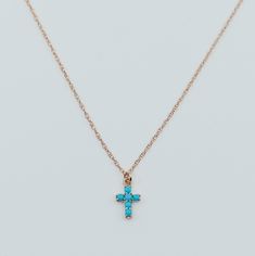 Cross Turquoise Necklace, 14k Gold Crucifix necklace, Small 14k cross necklace, Turquoise cross, Dainty gold cross necklace