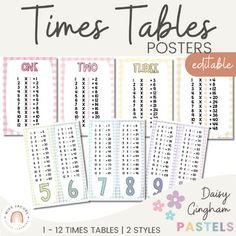 the times tables poster is set up with numbers and letters on it, including one for each