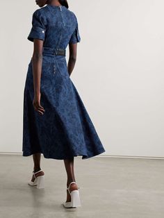 ERDEM Leather-trimmed floral-print denim midi dress | NET-A-PORTER Cotton Midi Dress With Floral Print For Work, Elegant Midi-length Denim Dress For Spring, Jean Trench Coat, Chintz Fabric, Nye Outfits, Denim Midi Dress, Print Denim, Printed Denim, Fashion Woman