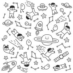 black and white drawing of children's drawings with space related objects in the background