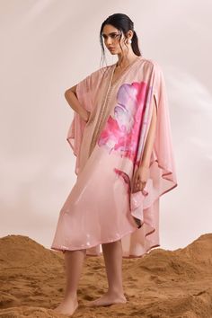 Pink sequin kaftan with abstract floral print and embellished placket. Comes with solid slip. - Aza Fashions Divya Aggarwal, Sequin Kaftan, Pink Kaftan, Kaftan Set, Printed Kaftan, Sharara Gharara, Cotton Slip, Indian Couture, Abstract Floral Print