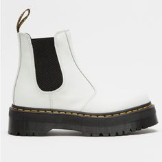 Dr. Martens 2976 Quad Platform Chelsea Boots Size 8/39 White Smooth Leather New In Box White Ankle-high Boots With Rubber Sole, White Casual Boots With Contrast Sole, Casual White Boots With Contrast Sole, White Casual Chelsea Boots With Round Toe, Casual White Chelsea Boots With Round Toe, Casual White Round Toe Chelsea Boots, Casual White Boots With Rubber Heel Cap, White Winter Boots With Rubber Sole, White Chelsea Boots With Round Toe For Fall