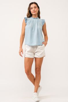 Back placket top, pleated front & back neck finished sleeveless with sleeve & neck ruffles, accessorize with self button. Perfect boldness, singing the blues when-ever you are! The true colors of life's leisure... Eco-friendly woven on relaxed fit.Body length from HPS: 25", Sleeve ruffle: 2", Bust: 44" (Size Small) 100% TENCEL Machine wash cold, Tumble dry low Imported Tencel Denim, Denim Essentials, Perfect Blue, Off Shoulder Dresses, Dress Guide, Medium Wash Jeans, Comfy Sweaters, Fit Body, The Blues