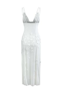 Experience elegance and allure with our Lace Sheer Floral Flower Sexy Maxi Dress! The slight stretch allows for effortless movement while the V-neck and backless design add a touch of sophistication. The slim sheath silhouette is accentuated by the delicate floral lace and flowing chiffon material. Perfect for any special occasion, this dress will make you feel confident and beautiful. White Fitted V-neck Backless Dress, Spring Wedding V-neck Bodycon Dress, White Backless Bodycon Wedding Dress, Elegant White Bodycon Backless Dress, Elegant Stretch Backless V-neck Dress, Elegant Stretch Backless Dress With V-neck, Fitted Feminine Backless Maxi Dress, Elegant Fitted Backless Dress With Lace Back, Spring Wedding Backless Bodycon Dress