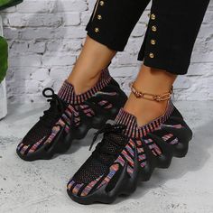 Colorblock Front Lace-up Deep Mouth Women's Shoes Octopus Shoes, Octopus Knitting, Plus Size Soft, Colors For Skin Tone, Knit Sneakers, Sole Sneakers, Shoes Pink, Casual Sportswear, Mesh Shoes