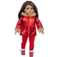 a doll with long hair wearing a red jacket and red pants, standing in front of a white background