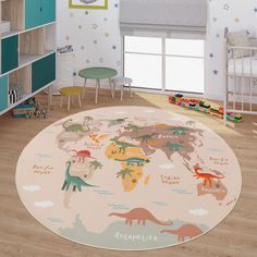 a child's room with a map of the world rug