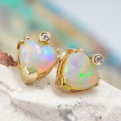 Opal Hearts Set In 14 K Yellow Gold - Opj 2302 Yellow Gold Opal Ring, Andamooka Opal, Ring Jewellery Design, Opal Stud Earrings, Opal Ring Gold, Opal Earrings Stud, Jewelry Auction, Rings Jewelry Fashion, Crystal Opal