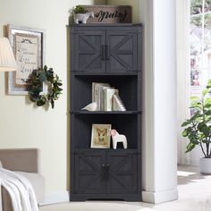 a black bookcase with doors on the front and bottom shelves in a living room