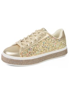 Gold  Collar  Glitter Plants  Embellished   Women Shoes Trendy Slip-on Skate Shoes, Trendy Skate Shoes With Studded Rubber Outsoles, Trendy Flat Heel Synthetic Skate Shoes, Trendy Skate Shoes With Speckled Midsole And Round Toe, Trendy Synthetic Skate Shoes With Flat Heel, Casual Gold Low-top Platform Sneakers, Trendy Flat Sneakers With Speckled Midsole, Trendy Gold Low-top Sneakers, Casual Gold Lace-up Sneakers