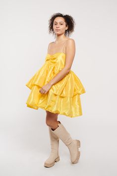 Brighten up any room with our Vibrant Yellow Dress by Madeline Marie. This stunning piece features a bold yellow hue and a playful, voluminous skirt. The sweetheart neckline and spaghetti straps add a touch of femininity, making it perfect for parties, events, and sunny days. Yellow Dresses With Ruffles And Fitted Bodice, Yellow Dresses With Adjustable Straps, Yellow Party Dress With Ruffled Straps, Yellow Dresses With Ruffled Straps For Party, Yellow Ruched Dress With Spaghetti Straps, Make A Dress, Suede Hat, Midi Dress Formal, Birthday Suit