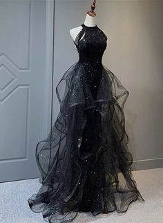 Black Halter Shiny Tulle Long Party Dress with Beadings, Black Tulle Prom Dress Prom Dresses Sparkle, Black Tulle Prom Dress, Dresses Sparkle, Gaun Abad Pertengahan, Shine Dress, Plus Size Vintage Dresses, Dress Wedding Party, Sukienki Plus Size, Black Evening Gown