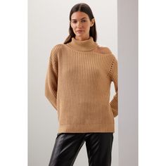 Brown knit (60% Cotton, 40% Acrylic). Sweater. Long sleeves. Turtleneck. Pull on. 24" from shoulder to hemline. Imported. Chic Pointelle Knit Outerwear For Fall, Chic Fall Pointelle Knit Outerwear, Chic Fall Outerwear In Pointelle Knit, Chic Off-shoulder Fall Sweater, Chic Turtleneck Sweater With Pointelle Knit, Chic Pointelle Knit Turtleneck Sweater, Chic Turtleneck Pointelle Knit Sweater, Fall Pointelle Knit Turtleneck Top, Chic Winter Pointelle Knit Tops