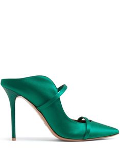 green leather satin finish slip-on style pointed toe branded insole 100mm high heel Elegant Green Heels With 4-inch Heel, Green High Heel Evening Heels, Green High Heels For Evening, Elegant Green Heels For Evening, Elegant Green Evening Heels, Green Slip-on Evening Heels, Green Wrapped Heel Evening Heels, Green Heels With Deep Heel Cup For Formal Occasions, Luxury Green Heels For Evening