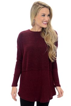 Touch of Texture Sweater :: NEW ARRIVALS :: The Blue Door Boutique Fall Ribbed Knit Top For Layering, Ribbed Knit Top For Fall Layering, Winter Waffle Knit Top For Layering, Waffle Knit Top For Winter Layering, Cozy Waffle Knit Top For Fall, Fall Ribbed Burgundy Sweater, Burgundy Ribbed Sweater For Fall, Fall Waffle Knit Top, Burgundy Ribbed Long Sleeve Sweater