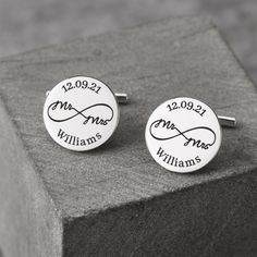 "♥ Mr and Mrs Cufflinks for Groom ♥ Customized with an infinity symbol, together with the surname and date, this cufflinks set is an ideal gift to give your fiancé on your wedding day. ITEM ∙ DESCRIPTION * Materials: Solid 925 Sterling Silver * Dimensions: 5/8'' (15mm) * Finishing: Silver, Gold * Personalization: \"\"Mr\"\", \"\"Mrs\"\" and infinity symbol are fixed, please just enter the surname and the date of your choice. HOW ∙ TO ∙ ORDER * Choose what you want at the drop-down options. * In Personalized Cufflinks For Wedding And Father's Day, Wedding Cufflinks With Engraving Option, Silver Adjustable Cufflinks For Anniversary, Wedding Engraved Cufflinks For Father's Day, Personalized Cufflinks For Anniversary Gift, Silver Engraved Cufflinks For Wedding, Silver Cufflinks For Wedding Gift, Adjustable Round Cufflinks For Anniversary, Adjustable Round Cufflinks For Wedding