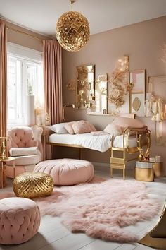 a bedroom with pink and gold decor