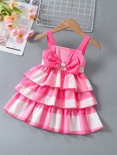 Baby Girl Valentine's Day Plaid Dress With Bowknot Pink   Sleeveless Woven Fabric Gingham,Plaid Cami Non-Stretch  Baby Girls Clothing, size features are:Bust: ,Length: ,Sleeve Length: Kids Fashion Wear, Check Outfit, Girls Dresses Diy, Baby Dress Patterns, Kids Frocks