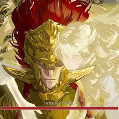 an anime character with red hair and gold armor