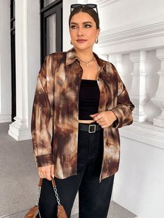 Plus Size Women's Autumn And Winter Fashion Casual Loose Long Sleeve Brown Tie-Dye Printed Button Basic Shirt,Fall Women Clothes,Curv Tops,Women Blouse,Work Wear,Teacher Clothes Brown Casual  Long Sleeve Woven Fabric Tie Dye Shirt Non-Stretch  Women Plus Clothing, size features are:Bust: ,Length: ,Sleeve Length: Teacher Clothes, High Waisted Pleated Skirt, Batik Shirt, Loose Long Sleeve, Mode Casual, Blouse Work, Women Blouse, Dye Shirt, Basic Shirts