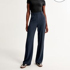 Nwt, Size Small Short. Please Note That These May Possibly Be A Different Style Than The Modeled Image (Clean Premium Crepe Wide Leg Pant) - Couldn’t Find The Exact Same Model. High Rise Wide Leg Pants In Our Drapey And Elevated Premium Crepe Fabric For A Breezy Look And A Tailored, Flat Front Silhouette, Featuring Functional Pockets, Belt Loops And Fly Closure For A Secure Fit. Navy Tailored Wide Leg Pants, Navy Wide-leg Workwear Bottoms, Navy Wide-leg Workwear Pants, Navy Wide-leg Pants For Work, Navy Relaxed Fit Bottoms For Workwear, Fitted Blue Wide Leg Pants For Business Casual, Blue Fitted Wide Leg Pants For Business Casual, Chic Fitted Navy Bottoms, Navy Fitted High-waisted Pants