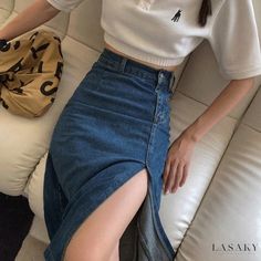 Lasaky - Elegant Half-Body Wrap Long-Waisted Skirt Jeans Recycle, Midi Jean Skirt, Skirt Tulle, Midi Jeans, Rock Outfit, Denim Skirt Women, Half Skirt, Elegantes Outfit, Denim Midi Skirt